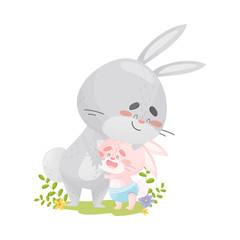 Dad hare hugs daughter. Vector illustration on a white background.