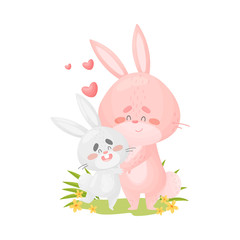 Big pink rabbit hugs a little one. Vector illustration on a white background.