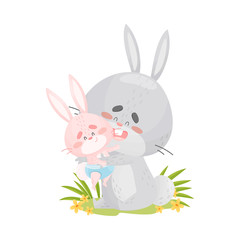 Dad rabbit with daughter sitting in a meadow. Vector illustration on a white background.