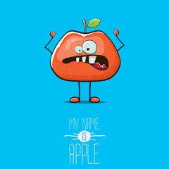 vector funny cartoon cute red apple character isolated on blue background. My name is apple vector concept. super funky fruit summer food character