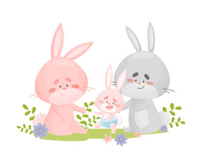 Rabbits mom and dad teach the baby to walk. Vector illustration on a white background.