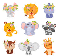 Set of animals in wreaths. Vector illustration on a white background.