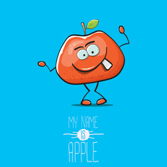 vector funny cartoon cute red apple character isolated on blue background. My name is apple vector concept. super funky fruit summer food character