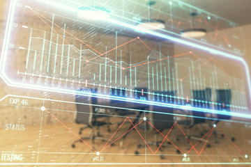 Business theme hologram on conference room interior background. Double exposure. Concept of brainstorming in business.