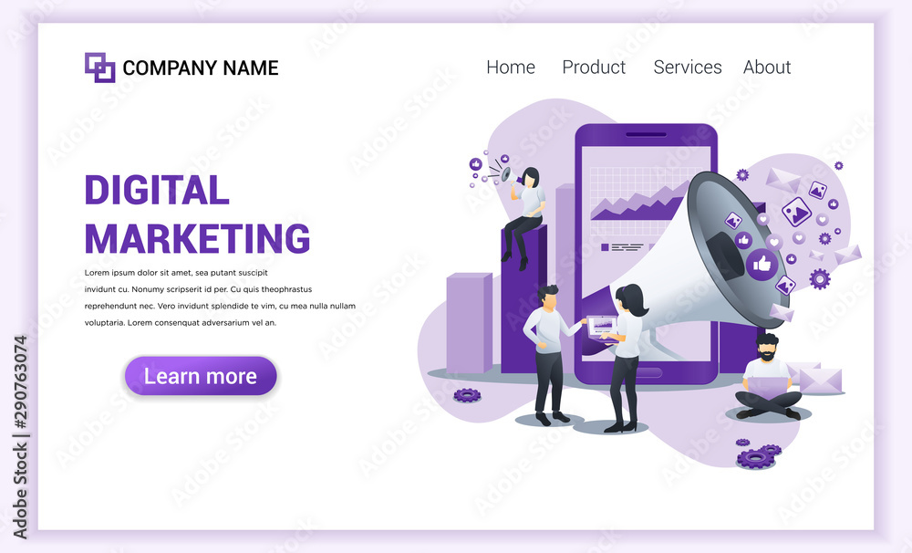 Poster modern flat design concept of digital marketing with giant megaphone and characters. can use for web