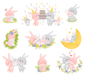 Family of humanized rabbits in different situations. Vector illustration on a white background.