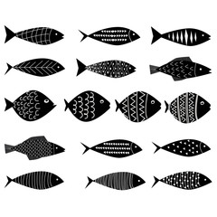 Set of hand drawn doodle fishes for kids design. Scandinavian outline style. Vector isolated illustration