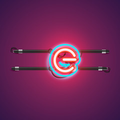 Realistic glowing double neon charcter from a fontset with console, vector illustration