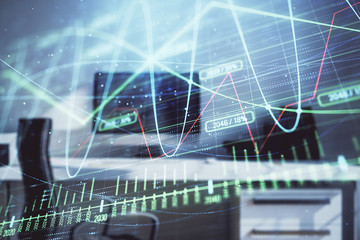 Stock market chart and desktop office computer background. Multi exposure. Concept of financial analysis.