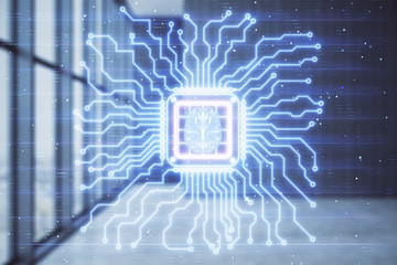 Double exposure of brain drawings hologram on empty room interior background. Data concept.