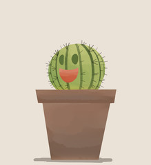 A small cute cactus in a pot smiling to his owner in a summer day with a watercolor style.