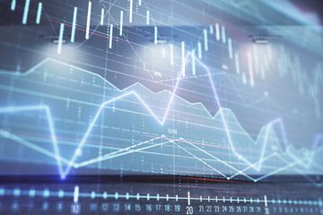 Double exposure of financial graph on empty room interior background. Forex market concept.
