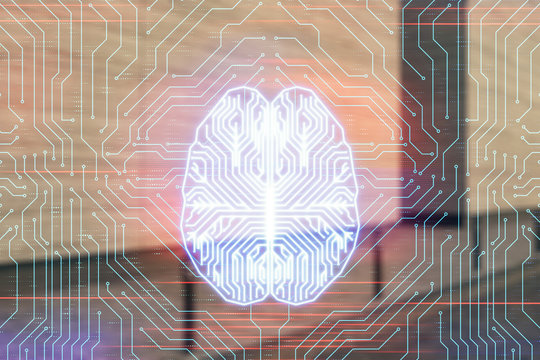 Double exposure of brain sketch hologram on empty exterior background. big data concept - Powered by Adobe