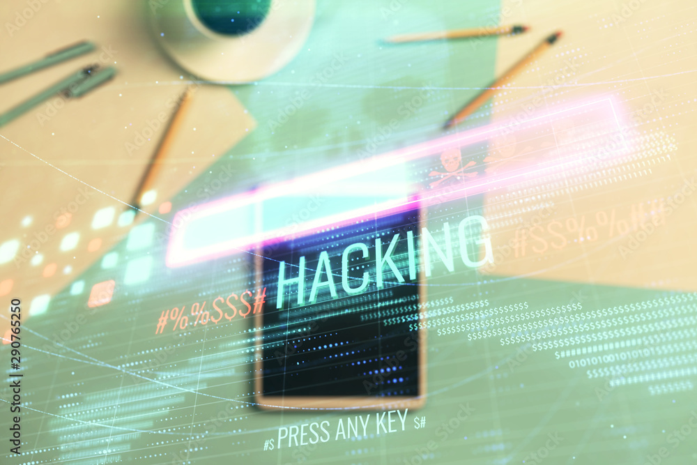 Poster double exposure of hacking theme drawing on digital tablet, table background. concept of data securi