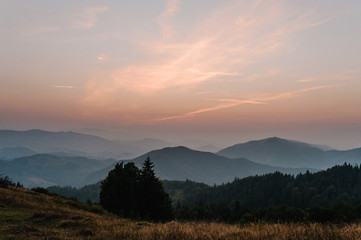 Mountains and sunset Carpathians Ukraine. mist ledge of a mountain, beautiful The evening, sun went down over a wide  valley. On the horizon, trees. Fog in the mountains.