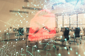 Lock icon drawing with office interior on background. Double exposure. Concept of data security