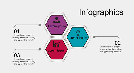 Business data visualization, infographics. Scheme of the process of elements with the help of graphics, diagrams of hexagons in three stages, numbers, icons, text, variants, parts. Business vector for