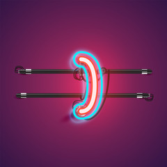 Realistic glowing double neon charcter from a fontset with console, vector illustration
