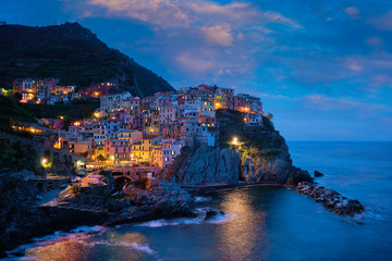Fototapeta premium Manarola village in the night, Cinque Terre, Liguria, Italy