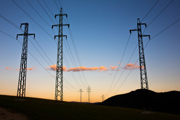 Electric Mast Pylon Network Cables Sunset