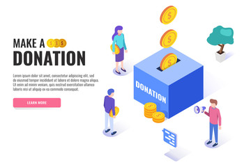 Donation concept. Big box with money. Users are holding coins. Web banner, infographics. Isometric vector illustration.