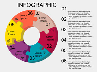 Business data visualization, infographics. Scheme of the process of elements with the help of graphics, diagrams, a circle of puzzles in six stages, numbers, icons text on the right. Business vector f