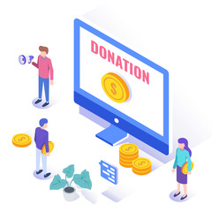 Donation online concept. Computer with a coin on the screen. Users are holding coins. Web banner, infographics. Isometric vector illustration.
