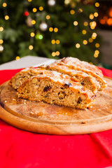 Traditional Sweet Fruit Loaf with Icing Sugar on Christmas