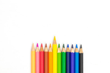 colorful pencils on white background with copy space