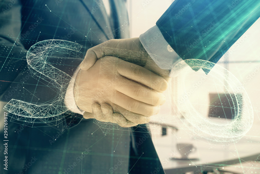 Poster multi exposure of seo icon hologram on office background with two men handshake. concept of data sea