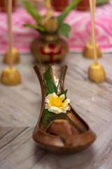 Kosha Kushi With Holy Water. Puja bhog thali with full of traditional bengali dishes for Indian Hindu puja or pooja's like saraswati, durga, lakshmi puja.