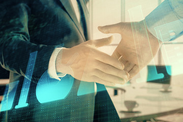 Multi exposure of flasks icon hologram on office background with two men handshake. Concept of education