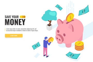 Money saving concept. User holds coins. Web banner, infographics. Isometric vector illustration.