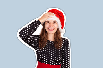 Fabulous joyful woman showing tongue and looking down laughs hand on the head. Magazine collage style with trendy color background. holiday concept