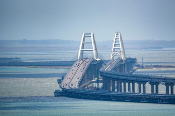 Distant view of new Crimean bridge in Kerch strait