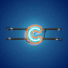 Realistic glowing double neon charcter on and off from a fontset, vector illustration