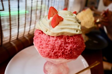 strawberry shave ice pink colorful fruity pistachio cream