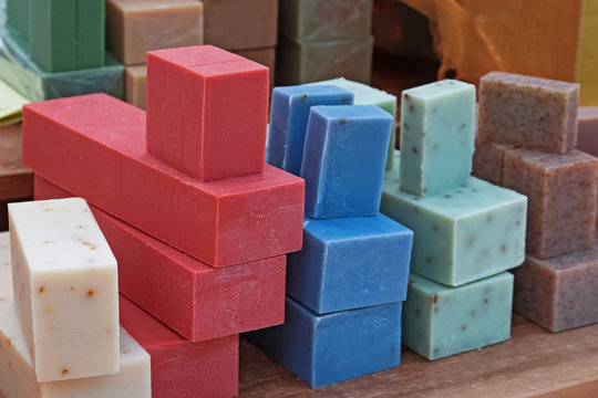 Bars Of Artisanal Soap Of Different Colors Sold On Street Market.