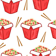 cute cartoon tasty wok seamless pattern for fast food delivery, editable vector illustration