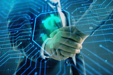 Multi exposure of business graph on abstract background with two men handshake. Concept of success