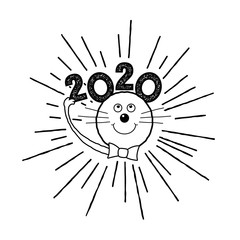 Happy New Year 2020. Label with a mouse or rat. Vector illustration.
