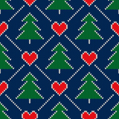 Christmas Holiday Knitted Pattern with a Christmas Trees and Hearts. Scheme for Wool Knit Sweater Pattern Seamless Design or Cross Stitch Embroidery.