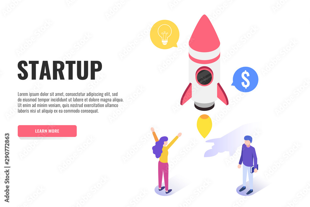 Poster modern design concept of startup project. successful rocket launch. landing page template, web banne