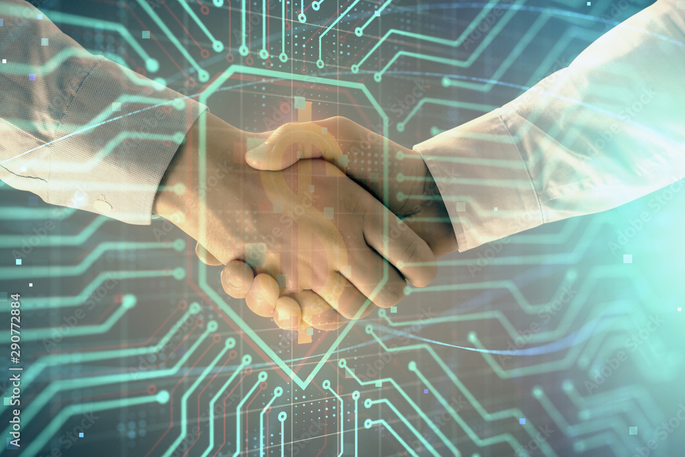 Poster multi exposure of business graph on abstract background with two men handshake. concept of success