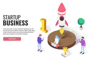 Modern design concept of Startup project. Landing page template, web banner, infographics. Isometric vector illustration.