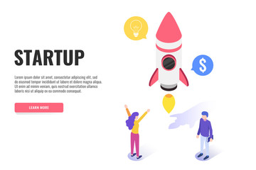 Modern design concept of Startup project. Successful rocket launch. Landing page template, web banner, infographics. Isometric vector illustration.