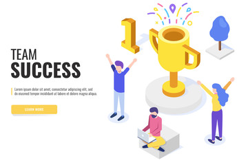 Success team concept. Team around the gold cup. Web banner, infographics. Isometric vector illustration.