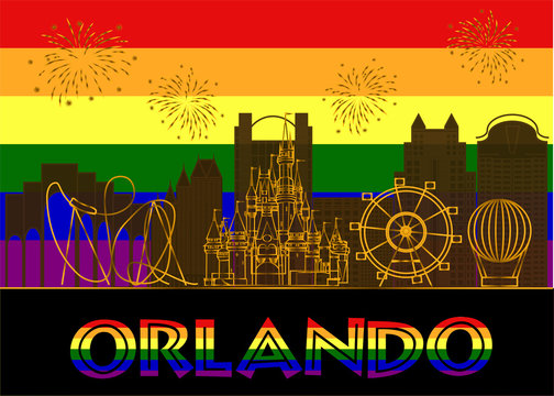 Orlando, Florida. July 23, 2019 Orlando colorful lettering on colorful background. Vector with travel icons and fireworks. Travel Postcard (1)