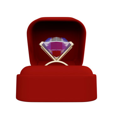 Golden engagement ring with a big diamond in a red gift box isolated on white background. 3d rendering