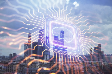 Double exposure of human brain drawing on Moscow cityscape background. Concept of data analysis